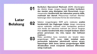 Latar
Belakang
Kurikulum Operasional Madrasah (KOM) dikembangkan
dan dikelola dengan mengacu kepada struktur kurikulum
dan standar yang ditetapkan oleh Pemerintah, dengan
menyesuaikan karakteristik dan kebutuhan peserta didik,
madrasah dan daerah. Menyusunnya madrasah diberikan
kewenangan dalam menentukan format dan sistematikanya.
01
02
03
Sebelum mengembangkan KOM perlu melakukan analisis
karakteristik dan lingkungan belajar dengan menampung
aspirasi stakeholder madrasah untuk mendapatkan gambaran
utuh kondisi dan kebutuhan madrasah dan seluruh warganya.
Hasil analisis karakteristik akan menjadi landasan dalam
proses perumusan visi, misi, tujuan dan kekhasan
madrasah.
Pelaku pendidikan harus memahami alur berpikir dalam
pengembangan KOM supaya tidak terjebak pada
pemenuhan kebutuhan adminitratif, namun secara
kepentingan lebih besar, bahwa pengembangan KOM
dimaksudkan untuk menjawab substansi diferensiasi
setiap madrasah.
 