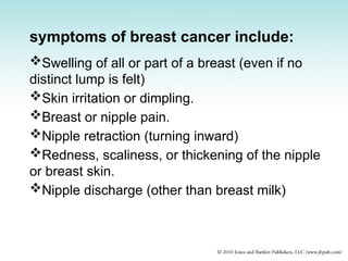 symptoms of breast cancer include:
Swelling of all or part of a breast (even if no
distinct lump is felt)
Skin irritation or dimpling.
Breast or nipple pain.
Nipple retraction (turning inward)
Redness, scaliness, or thickening of the nipple
or breast skin.
Nipple discharge (other than breast milk)
 