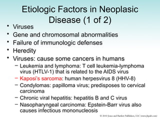 Etiologic Factors in Neoplasic
Disease (1 of 2)
• Viruses
• Gene and chromosomal abnormalities
• Failure of immunologic defenses
• Heredity
• Viruses: cause some cancers in humans
– Leukemia and lymphoma: T cell leukemia-lymphoma
virus (HTLV-1) that is related to the AIDS virus
– Kaposi’s sarcoma: human herpesvirus 8 (HHV-8)
– Condylomas: papilloma virus; predisposes to cervical
carcinoma
– Chronic viral hepatitis: hepatitis B and C virus
– Nasopharyngeal carcinoma: Epstein-Barr virus also
causes infectious mononucleosis
 