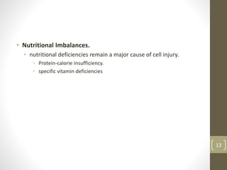 • Nutritional Imbalances.
• nutritional deficiencies remain a major cause of cell injury.
• Protein-calorie insufficiency.
• specific vitamin deficiencies
13
 