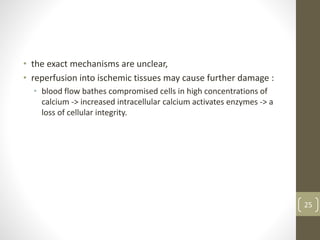 • the exact mechanisms are unclear,
• reperfusion into ischemic tissues may cause further damage :
• blood flow bathes compromised cells in high concentrations of
calcium -> increased intracellular calcium activates enzymes -> a
loss of cellular integrity.
25
 