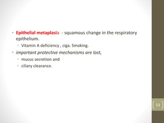 • Epithelial metaplasia - squamous change in the respiratory
epithelium.
• Vitamin A deficiency , ciga. Smoking.
• important protective mechanisms are lost,
• mucus secretion and
• ciliary clearance.
53
 