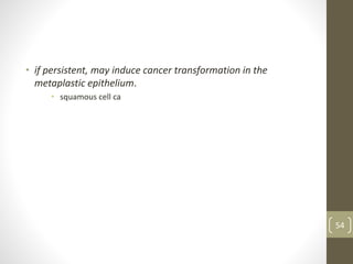 • if persistent, may induce cancer transformation in the
metaplastic epithelium.
• squamous cell ca
54
 
