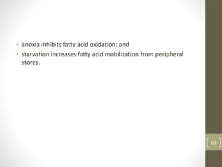 • anoxia inhibits fatty acid oxidation; and
• starvation increases fatty acid mobilization from peripheral
stores.
63
 