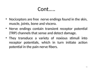 16
Cont.….
• Nociceptors are free nerve endings found in the skin,
muscle, joints, bone and viscera.
• Nerve endings contain transient receptor potential
(TRP) channels that sense and detect damage.
• They transduce a variety of noxious stimuli into
receptor potentials, which in turn initiate action
potential in the pain nerve fibers.
 