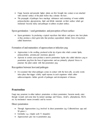  Fungi, bacteria and parasitic higher plants are first brought into contact or are attached
with external surface of the plant before they colonize the host .
 The propagule of pathogen have mucilage substances and consisting of water soluble
polysaccharides glycoproteins, lipid and febrile materials on their surface which get
moistened become sticky and pathogen to adhere on plant surface.
Sporegermination / seed germination and perception of host surface
 Spore germinates by producing a typical mycelium that infects and grows into host plants
or they produce a short germ tube that produce aspecialized distinct form of mycelium
called haustorium.
Formation of and maturation of appresorium or infection peg
 Appresorium is the swelling produced at the tip of germ tube which contain lipids,
polysacchrides, proteins,and enormous glycerol.
 Apresria in certain cases produce a narrow penetration hypha also called infection peg or
penetration peg from the base of appresorium and use primarily physical forces to
puncture the plant cuticle with that penetration peg.
Recognition between host and pathogen
 It is assumed that when pathogen comes in contact with the host cells, an early events
takes place that trigger a fairly rapid reponse in each organisms which either
aallowsorimpedes further growth of pathogen and development of disease.
Penetration
Fungi may penetrate in either indirect penetration or direct penetration; bacteria mostly enter
through wounds and some time by natural openings and Viruses, viroid’s, phytoplasma, RLOs
etc. by mechanical means (wounds) and by vectors.
Direct penetration
 Through Appressorium (e.g. involved in direct penetration (eg. Colletotrichum spp. and
M .grisea )
 Germtube e.g. (Apple scab- V. inequalis)
 Appressorium give rise to penetration peg
 