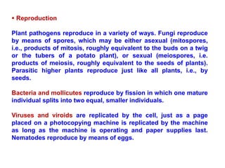  Reproduction
Plant pathogens reproduce in a variety of ways. Fungi reproduce
by means of spores, which may be either asexual (mitospores,
i.e., products of mitosis, roughly equivalent to the buds on a twig
or the tubers of a potato plant), or sexual (meiospores, i.e.
products of meiosis, roughly equivalent to the seeds of plants).
Parasitic higher plants reproduce just like all plants, i.e., by
seeds.
Bacteria and mollicutes reproduce by fission in which one mature
individual splits into two equal, smaller individuals.
Viruses and viroids are replicated by the cell, just as a page
placed on a photocopying machine is replicated by the machine
as long as the machine is operating and paper supplies last.
Nematodes reproduce by means of eggs.
 