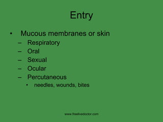 Entry Mucous membranes or skin Respiratory Oral Sexual Ocular Percutaneous needles, wounds, bites www.freelivedoctor.com 