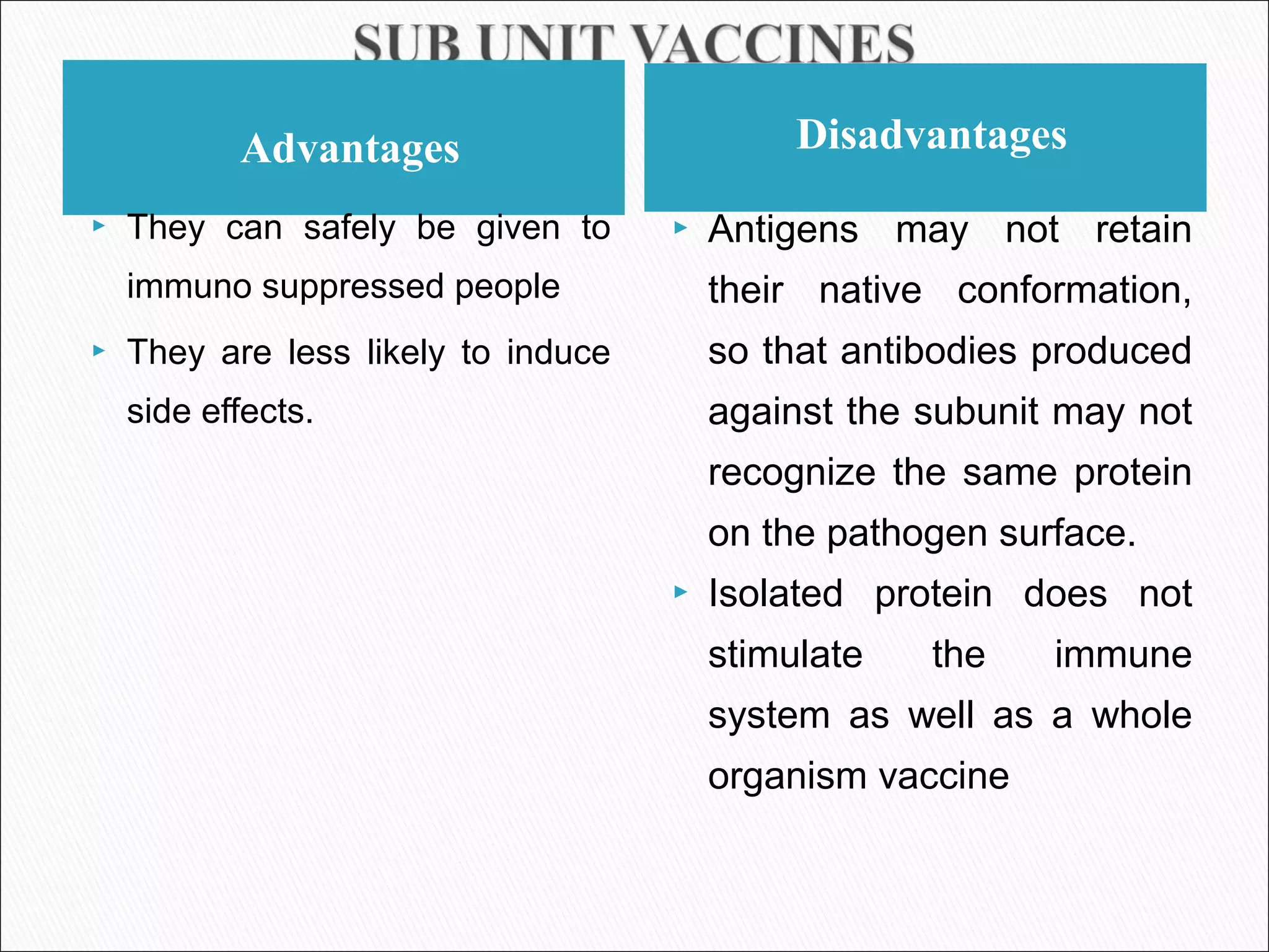 Advantages Disadvantages
 They can safely be given to
immuno suppressed people
 They are less likely to induce
side effects.
 Antigens may not retain
their native conformation,
so that antibodies produced
against the subunit may not
recognize the same protein
on the pathogen surface.
 Isolated protein does not
stimulate the immune
system as well as a whole
organism vaccine
 