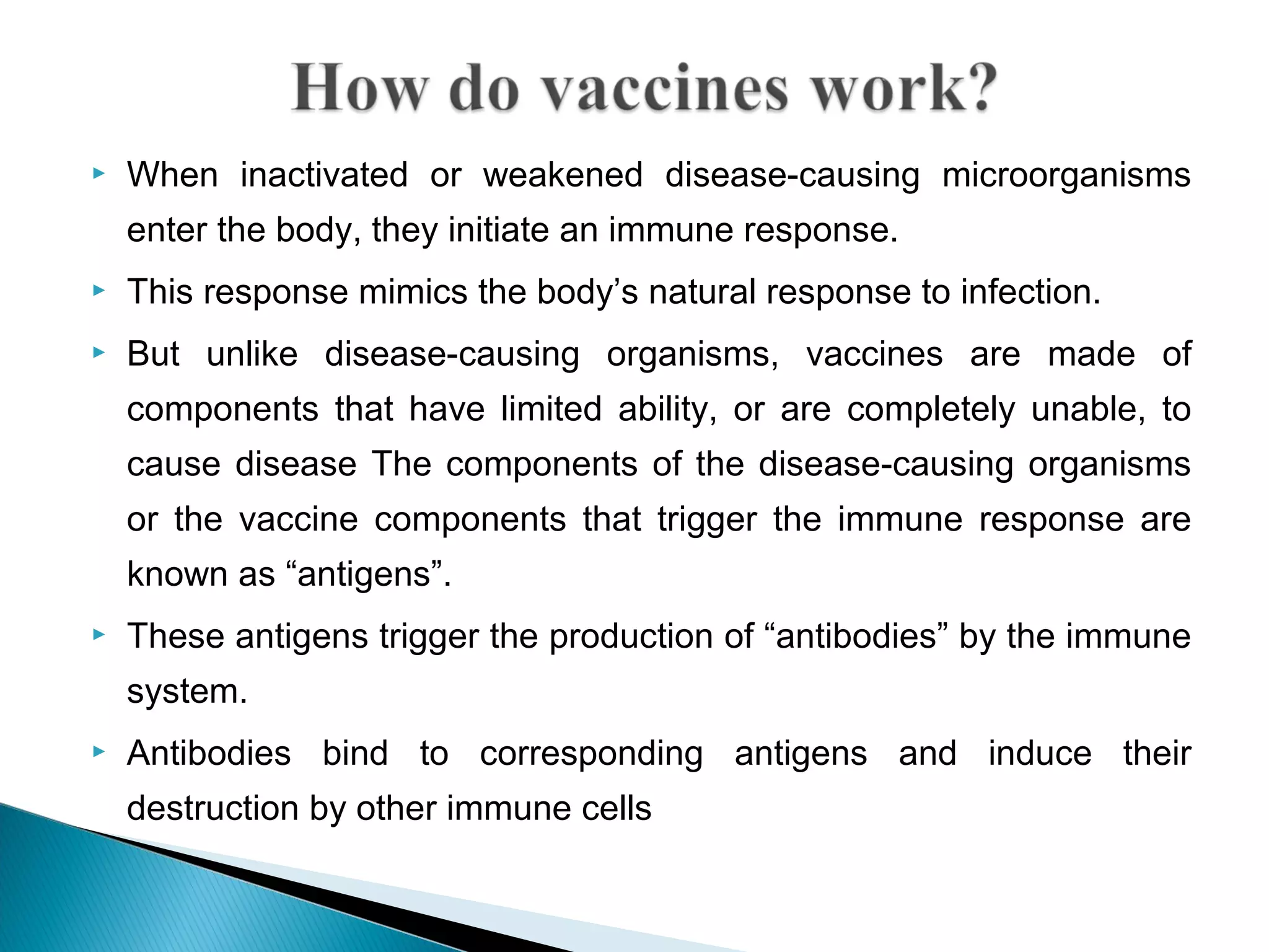  When inactivated or weakened disease-causing microorganisms
enter the body, they initiate an immune response.
 This response mimics the body’s natural response to infection.
 But unlike disease-causing organisms, vaccines are made of
components that have limited ability, or are completely unable, to
cause disease The components of the disease-causing organisms
or the vaccine components that trigger the immune response are
known as “antigens”.
 These antigens trigger the production of “antibodies” by the immune
system.
 Antibodies bind to corresponding antigens and induce their
destruction by other immune cells
 