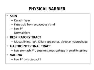 PHYSICAL BARRIER
• SKIN
– Keratin layer
– Fatty acid from sebaceous gland
– Low PH
– Normal flora
• RESPIRATORY TRACT
– Mucus lining, IgA, Ciliary apparatus, alveolar macrophage
• GASTROINTESTINAL TRACT
– Low stomach PH , enzymes, macrophage in small intestine
• VAGINA
– Low PH by lactobacilli
 