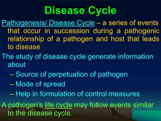 Disease Cycle
Pathogenesis/ Disease Cycle – a series of events
that occur in succession during a pathogenic
relationship of a pathogen and host that leads
to disease
The study of disease cycle generate information
about
– Source of perpetuation of pathogen
– Mode of spread
– Help in formulation of control measures
A pathogen’s life cycle may follow events similar
to the disease cycle.
 