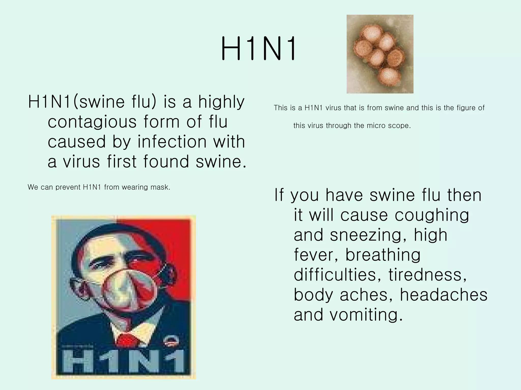 H1N1 H1N1(swine flu) is a highly contagious form of flu caused by infection with a virus first found swine.  We can prevent H1N1 from wearing mask.  This is a H1N1 virus that is from swine and this is the figure of this virus through the micro scope.   If you have swine flu then it will cause coughing and sneezing, high fever, breathing difficulties, tiredness, body aches, headaches and vomiting.  