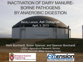 INACTIVATION OF DAIRY MANURE-
BORNE PATHOGENS
BYANAEROBIC DIGESTION
Becky Larson, Asli Ozkaynak
April, 3, 2013
Mark Borchardt, Susan Spencer, and Spencer Borchardt
USDA –Agricultural Research Service
USGS Wisconsin Water Science Center
 