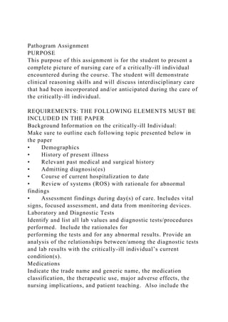 Pathogram Assignment
PURPOSE
This purpose of this assignment is for the student to present a
complete picture of nursing care of a critically-ill individual
encountered during the course. The student will demonstrate
clinical reasoning skills and will discuss interdisciplinary care
that had been incorporated and/or anticipated during the care of
the critically-ill individual.
REQUIREMENTS: THE FOLLOWING ELEMENTS MUST BE
INCLUDED IN THE PAPER
Background Information on the critically-ill Individual:
Make sure to outline each following topic presented below in
the paper
• Demographics
• History of present illness
• Relevant past medical and surgical history
• Admitting diagnosis(es)
• Course of current hospitalization to date
• Review of systems (ROS) with rationale for abnormal
findings
• Assessment findings during day(s) of care. Includes vital
signs, focused assessment, and data from monitoring devices.
Laboratory and Diagnostic Tests
Identify and list all lab values and diagnostic tests/procedures
performed. Include the rationales for
performing the tests and for any abnormal results. Provide an
analysis of the relationships between/among the diagnostic tests
and lab results with the critically-ill individual’s current
condition(s).
Medications
Indicate the trade name and generic name, the medication
classification, the therapeutic use, major adverse effects, the
nursing implications, and patient teaching. Also include the
 