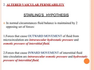 2. ALTERED VASCULAR PERMEABILITY
STARLING’S HYPOTHESIS
 In normal circumstances fluid balance is maintained by 2
opposing set of forces:
1.Forces that cause OUTWARD MOVEMENT of fluid from
microcirculation are intravascular hydrostatic pressure and
osmotic pressure of interstitial fluid.
2.Forces that cause INWARD MOVEMENT of interstitial fluid
into circulation are intravascular osmotic pressure and hydrostatic
pressure of interstitial fluid.
 