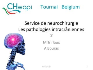 Service	de	neurochirurgie		
Les	pathologies	intracrâniennes
2
M Triﬀaux	
A Bouras
Tournai Belgium
25/03/16 Nech4you 04 1
 