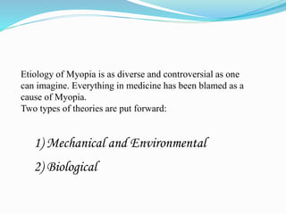 Etiology of Myopia is as diverse and controversial as one 
can imagine. Everything in medicine has been blamed as a 
cause of Myopia. 
Two types of theories are put forward: 
1) Mechanical and Environmental 
2) Biological 
 
