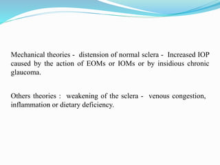 Mechanical theories - distension of normal sclera - Increased IOP 
caused by the action of EOMs or IOMs or by insidious chronic 
glaucoma. 
Others theories : weakening of the sclera - venous congestion, 
inflammation or dietary deficiency. 
 