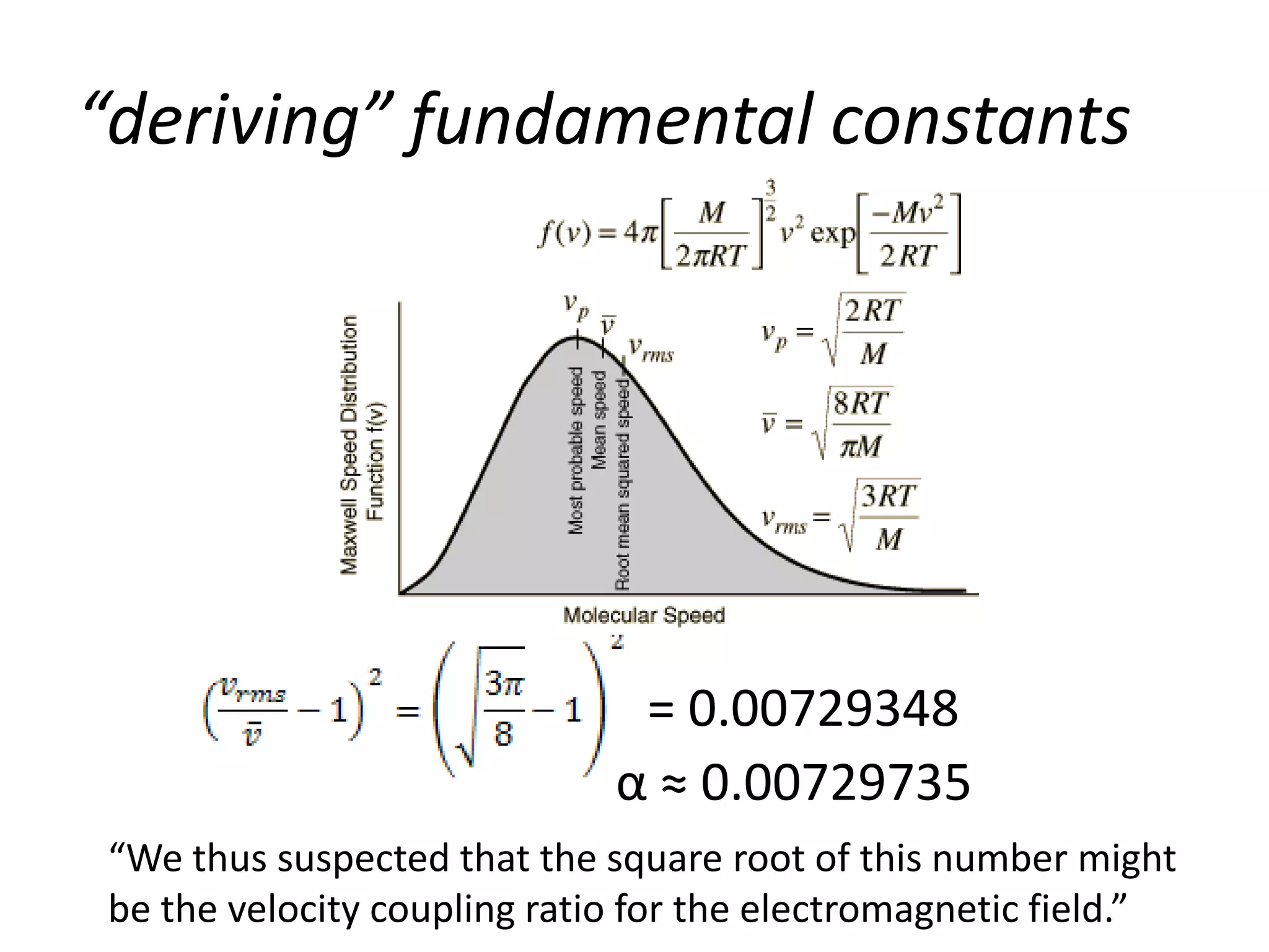 “deriving” fundamental constants




                              = 0.00729348
                             α ≈ 0.00729735
“We thus suspected that the square root of this number might
be the velocity coupling ratio for the electromagnetic field.”
 