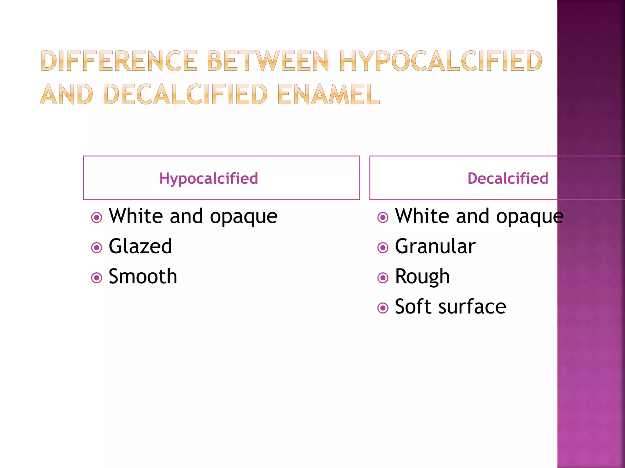 Hypocalcified Decalcified 
 White and opaque 
 Glazed 
 Smooth 
 White and opaque 
 Granular 
 Rough 
 Soft surface 
 