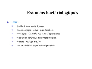 Examens bactériologiques
1. ECBE :
Matin, à jeun, après rinçage.
Examen macro : salive / expectoration.
Cytologie : > 25 PNN, <10 cellules épithéliales
Coloration de GRAM: flore monomorphe.
Culture : >107 germes/ml.
IFD, Ex. immuno. et par sondes géniques.
 