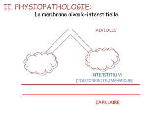 CAPILLAIRE
ALVEOLES
INTERSTITIUM
(TISSU CONJONCTIF,LYMPHATIQUES)
II. PHYSIOPATHOLOGIE:
La membrane alveolo-interstitielle
 