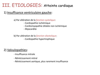 III. ETIOLOGIES: Atteinte cardiaque
1) Insuffisance ventriculaire gauche:
a) Par altération de la fonction systolique:
- Cardiopathie ischémique
- Cardiomyopathie dilatée non ischémique
- Myocardite
b) Par altération de la fonction diastolique:
- Cardiopathie hypertrophique
2) Valvulopathies:
- Insuffisance mitrale
- Rétrécissement mitral
- Rétrécissement aortique, plus rarement insuffisance
 
