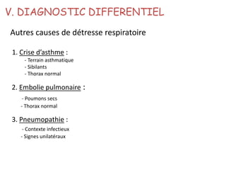 Autres causes de détresse respiratoire
1. Crise d’asthme :
- Terrain asthmatique
- Sibilants
- Thorax normal
V. DIAGNOSTIC DIFFERENTIEL
2. Embolie pulmonaire :
- Poumons secs
- Thorax normal
3. Pneumopathie :
- Contexte infectieux
- Signes unilatéraux
 