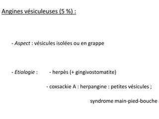 Angines vésiculeuses (5 %) :
- Aspect : vésicules isolées ou en grappe
- Etiologie : - herpès (+ gingivostomatite)
- coxsackie A : herpangine : petites vésicules ;
syndrome main-pied-bouche
 