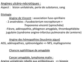 Angines ulcéro-nécrotiques :
Aspect : lésion unilatérale, perte de substance, sang
Etiologie
Angine de Vincent : association fuso-spirillaire
- 2 anaérobies : Fusobacterium necrophorum +
Treponema vincenti (spirochète)
-Fièvre, adénopathie, phlegmon amygdale, thrombophlébite
jugulaire (syndrome angine-infarctus pulmonaire de Lemierre)
Angine des hémopathies (leucémie aigue)
AEG, adénopathies, splénomégalie => NFS, myélogramme
Chancre syphilitique de amygdale
Cancer amygdale, lymphome malin :
Angine unilatérale rebelle aux antibiotiques => biopsie
 