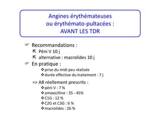  Recommandations :
 Péni V 10 j
 alternative : macrolides 10 j
 En pratique :
prise du midi peu réalisée
durée effective du traitement : 7 j
=> AB réellement prescrits :
péni V : 7 %
amoxicilline : 35 - 45%
C1G : 12 %
C2G et C3G : 6 %
macrolides : 26 %
Angines érythémateuses
ou érythémato-pultacées :
AVANT LES TDR
 