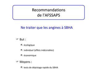 Recommandations
de l'AFSSAPS
Ne traiter que les angines à SBHA
 But :
 écologique
 individuel (effets indésirables)
 économique
 Moyens :
 tests de dépistage rapide du SBHA
 