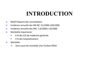 INTRODUCTION
Motif fréquent des consultations
Incidence annuelle des IRA-BC: 51/1000 à 84/1000
Incidence annuelle des PAC: 1.6/1000 à 19/1000
Morbidité importante:
 6 % des C/S de médecine générale
 4 % des hospitalisations
Mortalité:
1ère cause de mortalité chez l’enfant (PED)
 