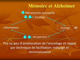 Mémoire et Alzheimer
               Mécanismes perceptifs
                     Encodage



Information                            Stockage   ID

                    Récupération

Pas ou peu d’amélioration de l’encodage et rappel 
     par technique de facilitation: indiçage et 
                 reconnaissance
 