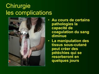 Chirurgie
les complications
               • Au cours de certains
                 pathologies la
                 capacité de
                 coagulation du sang
                 diminue
               • La manipulation des
                 tissus sous-cutané
                 peut créer des
                 pétéchies qui se
                 resorberont en
                 quelques jours
 