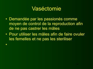 Vaséctomie
• Demandée par les passionés comme
  moyen de control de la reproduction afin
  de ne pas castrer les mâles
• Pour utiliser les mâles afin de faire ovuler
  les femelles et ne pas les steriliser
•



                                         47
 
