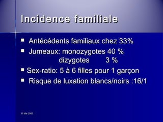 IInncciiddeennccee ffaammiilliiaallee 
 AAnnttééccééddeennttss ffaammiilliiaauuxx cchheezz 3333%% 
 JJuummeeaauuxx: mmoonnoozzyyggootteess 4400 %% 
3311 MMaaii 22000066 
ddiizzyyggootteess 33 %% 
 SSeexx--rraattiioo: 55 àà 66 ffiilllleess ppoouurr 11 ggaarrççoonn 
 RRiissqquuee ddee lluuxxaattiioonn bbllaannccss//nnooiirrss :1166//11 
 