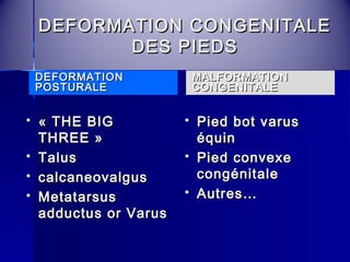 DEFORMATION CCOONNGGEENNIITTAALLEE 
DDEESS PPIIEEDDSS 
 « TTHHEE BBIIGG 
TTHHRREEEE » 
 TTaalluuss 
 ccaallccaanneeoovvaallgguuss 
 MMeettaattaarrssuuss 
aadddduuccttuuss oorr VVaarruuss 
 PPiieedd bboott vvaarruuss 
ééqquuiinn 
 PPiieedd ccoonnvveexxee 
ccoonnggéénniittaallee 
 AAuuttrreess…… 
DDEEFFOORRMMAATTIIOONN 
PPOOSSTTUURRAALLEE 
MMAALLFFOORRMMAATTIIOONN 
CCOONNGGEENNIITTAALLEE 
 