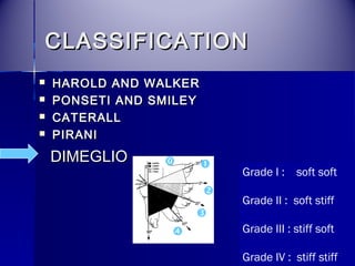 CCLLAASSSSIIFFIICCAATTIIOONN 
 HHAARROOLLDD AANNDD WWAALLKKEERR 
 PPOONNSSEETTII AANNDD SSMMIILLEEYY 
 CCAATTEERRAALLLL 
 PPIIRRAANNII 
DDIIMMEEGGLLIIOO 
Grade I : soft soft 
Grade II : soft stiff 
Grade III : stiff soft 
Grade IV : stiff stiff 
 
 
 
 
 
 