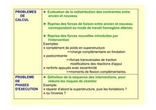 PROBLEMES
DE
CALCUL
► Evaluation de la redistribution des contraintes entre
ancien et nouveau
► Reprise des forces de liaison entre ancien et nouveau
correspondant au mode de travail homogène attendu
► Reprise des forces nouvelles introduites par
l'intervention
Exemples:
● complément de poids en superstructure
=charge complémentaire en fondation
● postcontrainte
● postcontrainte
=forces transversales de traction
modifications des réactions d'appui
● renforts appuyés avec excentricité
=moments de flexion complémentaires.
PROBLEME
DE
PHASES
D'EXECUTION
► Définition de la séquence des interventions, pour
réduire les risques de chantier
Exemple:
● réparer d'abord la superstructure, puis les fondations ?
● ou l'inverse ?
 
