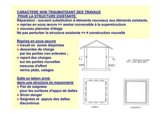 CARACTERE NON TRAUMATISANT DES TRAVAUX
POUR LA STRUCTURE EXISTANTE.
Réparation : souvent substitution d éléments nouveaux aux éléments existants.
● reprise en sous œuvre = assise convenable à la superstructure
● nouveau plancher d'étage
Ne pas perturber la structure existante = ≠ construction nouvelle
Reprise en sous oeuvre
● travail en zones disjointes
● descentes de charge
par les parties non enlevées ;
● report des charges
● report des charges
sur les parties nouvelles
mesures d'effort
vérins plats, calages
Dalle en béton armé
dans une structure en maçonnerie
● Pas de saignées
pour les surfaces d'appui de dalles
● Sinon danger
● Saignées et appuis des dalles
discontinus
 