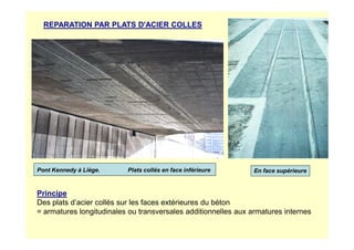 REPARATION PAR PLATS D'ACIER COLLES
Pont Kennedy à Liège. Plats collés en face inférieure
Principe
Des plats d’acier collés sur les faces extérieures du béton
= armatures longitudinales ou transversales additionnelles aux armatures internes
En face supérieure
 