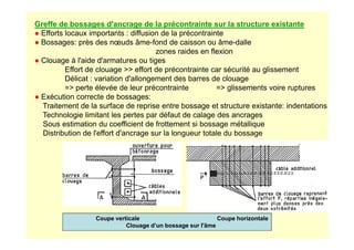 Greffe de bossages d'ancrage de la précontrainte sur la structure existante
● Efforts locaux importants : diffusion de la précontrainte
● Bossages: près des nœuds âme-fond de caisson ou âme-dalle
zones raides en flexion
● Clouage à l'aide d'armatures ou tiges
Effort de clouage  effort de précontrainte car sécurité au glissement
Délicat : variation d'allongement des barres de clouage
= perte élevée de leur précontrainte = glissements voire ruptures
● Exécution correcte de bossages:
Traitement de la surface de reprise entre bossage et structure existante: indentations
Technologie limitant les pertes par défaut de calage des ancrages
Sous estimation du coefficient de frottement si bossage métallique
Coupe verticale Coupe horizontale
Clouage d’un bossage sur l'âme
Sous estimation du coefficient de frottement si bossage métallique
Distribution de l'effort d'ancrage sur la longueur totale du bossage
 