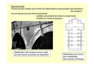 Dans les ponts
Tirants souvent utilisés pour limiter les déformations transversales des bandeaux,
des tympans
Les armatures peuvent être traversantes
scellées ponctuellement dans la maçonnerie
scellées sur toute la longueur
Stabilisation par tirants
de la cathédrale
San Lorenzo à Perugia
Stabilisation des tympans d'une voûte
par des tirants et poutres de répartition
 