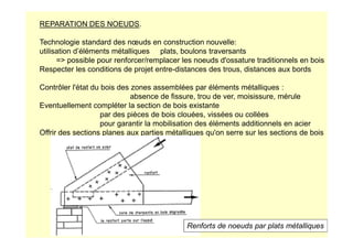 REPARATION DES NOEUDS.
Technologie standard des nœuds en construction nouvelle:
utilisation d’éléments métalliques plats, boulons traversants
= possible pour renforcer/remplacer les noeuds d'ossature traditionnels en bois
Respecter les conditions de projet entre-distances des trous, distances aux bords
Contrôler l'état du bois des zones assemblées par éléments métalliques :
absence de fissure, trou de ver, moisissure, mérule
Eventuellement compléter la section de bois existante
par des pièces de bois clouées, vissées ou collées
pour garantir la mobilisation des éléments additionnels en acier
pour garantir la mobilisation des éléments additionnels en acier
Offrir des sections planes aux parties métalliques qu'on serre sur les sections de bois
Renforts de noeuds par plats métalliques
 