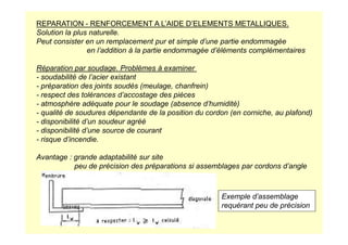 REPARATION - RENFORCEMENT A L’AIDE D’ELEMENTS METALLIQUES.
Solution la plus naturelle.
Peut consister en un remplacement pur et simple d’une partie endommagée
en l’addition à la partie endommagée d’éléments complémentaires
Réparation par soudage. Problèmes à examiner
- soudabilité de l’acier existant
- préparation des joints soudés (meulage, chanfrein)
- respect des tolérances d’accostage des pièces
- atmosphère adéquate pour le soudage (absence d’humidité)
- qualité de soudures dépendante de la position du cordon (en corniche, au plafond)
- disponibilité d’un soudeur agréé
- disponibilité d’un soudeur agréé
- disponibilité d’une source de courant
- risque d’incendie.
Avantage : grande adaptabilité sur site
peu de précision des préparations si assemblages par cordons d’angle
Exemple d’assemblage
requérant peu de précision
 