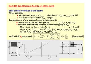 Ductilité des éléments fléchis en béton armé
Etats Limites de flexion d’une poutre
2 ELU matériau
● allongement acier εs = εs,max ductile car εuk  εs,max =10. 10-3
● raccourcissement béton εcu2 fragile
Comportement d’une section fléchie en béton armé:
● conservation des sections planes : εc / hc = εs / (d - hc)
● équilibre entre efforts internes et moment appliqué MEd
MEd = hc . b . α fcd . z = As . fyd . z z = d - hc/2
MEd = hc . b . α fcd . z = b . d2. α fcd .[1-εc /2(εc + εs )][εc /(εc + εs ) ]
As / bd = A’s / bd + [εc /(εc + εs )] α fcd / fyd
As / bd = A’s / bd + [εc /(εc + εs )] α fcd / fyd
= Ductilité µΦ assurée si [Eurocode 8]
yd
cd
d
sy,
max
,
max
0018
,
0
f
f
'
bxh
As
⋅
+
=
=
ε
µ
ρ
ρ
ϕ bxh
As
'
'
=
ρ
 