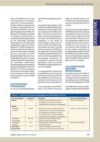 PATHOLOGIES NON ATHÉROMATEUSES DES TRONCS SUPRA-AORTIQUES




même si la DFM reste une cause                            de la DFM sont largement incon-              étude cas-témoins, mais les mé-
rare d’anévrisme intracrânien                             nues.                                        canismes physiopathologiques




                                                                                                                                                 DOSSIER FMC
(moins de 3 % des anévrismes).                                                                         sous-jacents potentiels sont in-
Certaines études ont rapporté une                         • La majorité des patients n’a pas           connus.
prévalence d’anévrisme intracrâ-                          d’histoire familiale de DFM symp-
nien allant de 20 à 50 % chez des                         tomatique, mais il semble exister            En fait les lésions histologiques




                                                                                                                                                          détachable
patients porteurs d’une DFM caro-                         une composante héréditaire. En               de DFM pourraient être assez peu
tidienne ou vertébrale. Cependant,                        effet, il existe des formes fami-            spécifiques et résulter de méca-
ces études ne prenaient pas en                            liales, notamment quelques ob-               nismes divers d’agression de la
compte le fait que les patients ayant                     servations chez des jumeaux mo-              paroi artérielle, tels que des mi-
eu une hémorragie méningée                                nozygotes, et une étude en                   cro-traumatismes répétés, une is-
étaient plus souvent explorés par                         échotracking a montré une fré-               chémie de la paroi liée à une pa-
angiographie et que, de ce fait, le                       quence élevée d’anomalies ultra-             thologie des vasa-vasorum, ou
diagnostic de DFM était plus fré-                         structurales de l’artère carotide            une infection dans l’enfance (8,
quemment fait chez des patients                           interne évocatrices de DFM chez              9). Une origine congénitale est
ayant une hémorragie méningée                             des apparentés au premier degré              aussi plausible puisque les lésions
que chez ceux ayant une autre                             de patients atteints de DFM, avec            de DFM siègent préférentielle-
symptomatologie. Dans une revue                           une transmission possiblement                ment sur la portion proximale de
systématique qui a pris en compte                         autosomique dominante (1).                   l’artère carotide interne dont l’ori-
ce biais de sélection, la prévalence                      Cependant, à ce jour, les études             gine est le 3e arc aortique.
des anévrismes intracrâniens                              génétiques n’ont pas permis
asymptomatiques chez des patients                         d’identifier de polymorphisme as-
porteurs d’une DFM cervicale a été                        socié à la maladie.                          LA CLASSIFICATION
estimée à 7,3 % (6). Un consensus                                                                      ANATOMO-
américain recommande de dépis-                            • La prépondérance féminine de               PATHOLOGIQUE
ter les anévrismes intracrâniens                          la maladie laisse penser que des             Les patients ayant une DFM ré-
chez les patients ayant une DFM                           facteurs hormonaux pourraient                nale ou cervicale ne sont désor-
cervicale (7).                                            être impliqués, mais aucune as-              mais que très rarement opérés, ce
                                                          sociation n’a été trouvée avec les           qui explique le peu de littérature
                                                          grossesses ou la contraception (1).          récente sur l’histologie de la DFM.
LES HYPOTHÈSES
ÉTIOLOGIQUES                                              • Une association entre DFM et               La classification anatomo-patho-
La cause et la physiopathologie                           tabac a été observée dans une                logique traditionnelle distingue


  Tableau 1 - Classification anatomo-pathologique des DFM (adaptée de réf.9).
  Type histologique                Fréquence              Histologie                                          Aspects angiographiques
  Intimal                            < 10 %               • Dépôts circonférentiels ou excentrés              • Sténose concentrique
                                                          • de collagène dans l’intima.Limitante
                                                          • élastique interne fragmentée ou dupliquée.
  Médial
  • Fibroplasie                      75-80 %              • Alternance de zones d’amincissement et            • Aspect en “collier de perles”
  • médiale                                               • d’épaississement de la paroi artérielle avec
                                                          • du collagène qui remplace les cellules
                                                          • musculaires lisses.La limitante élastique
                                                          • interne peut être fragmentée ou dupliquée.
  • Fibroplasie                      10-15 %              • Dépôts extensifs de collagène dans
  • périmédiale                                           • la partie externe de la média.
  • Hyperplasie                        1-2 %              • Hyperplasie des cellules musculaires              • Sténose concentrique
  • médiale                                               • lisses dans fibrose.
  Adventiciel                          <1%                • Dépôts de collagène très dense qui
  (périartériel)                                          • remplacent le tissu fibreux de l’adventice.



Cardiologie - Cardinale • Mai 2010 • vol. 4 • numéro 29                                                                                    197
 