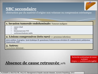 SBC secondaire
      obstruction par du matériel d’origine non veineuse ou compression extrinsèque



      1. Invasion tumorale endoluminale: Tumeurs malignes
             •   cancer rénal
             •   CHC
             •   leiomyosarcome VCI
             •   corticosurrénalome malin

      2. Lésions compressives (très rare) ++ processus infectieux
      abcès amibien /à pyogène, kyste hydatique (E. granulosus), Echinococcose alvéolaire (E. multilocularis), polykystose
      hépatorénale, HNF …

      3. Autres:
      traumatisme abdominal…




                                                                                                Recherche systématique de causes
                                                                                                            multiples
                                                                                                Origine ++ multifactorielle (46%)
     Absence de cause retrouvée 10%

PLESSIER A, RAUTOU PE, VALLA D. Management of hepatic vascular diseases. Journal of hepatology, 2012
 
